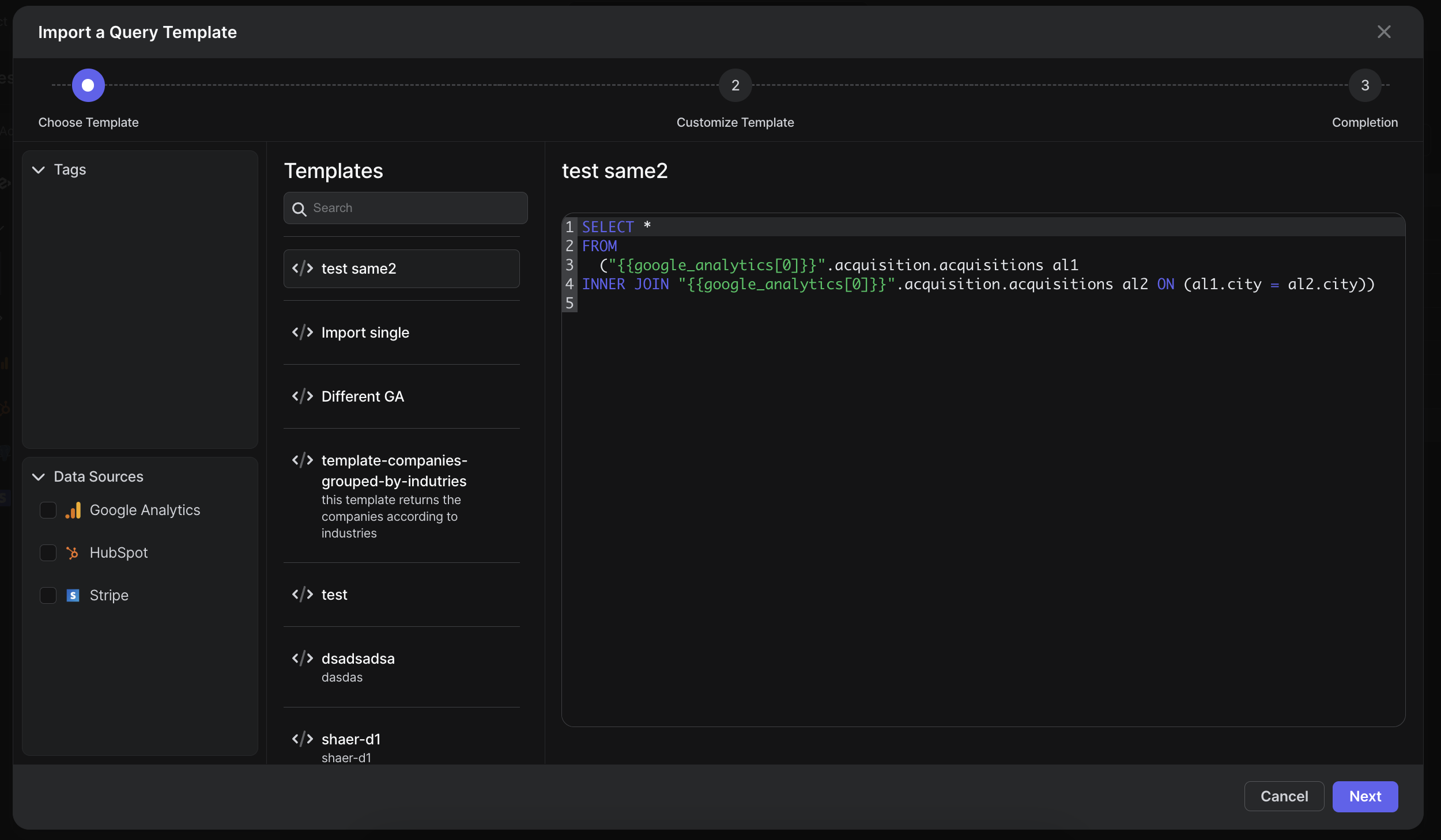 create peaka query modal