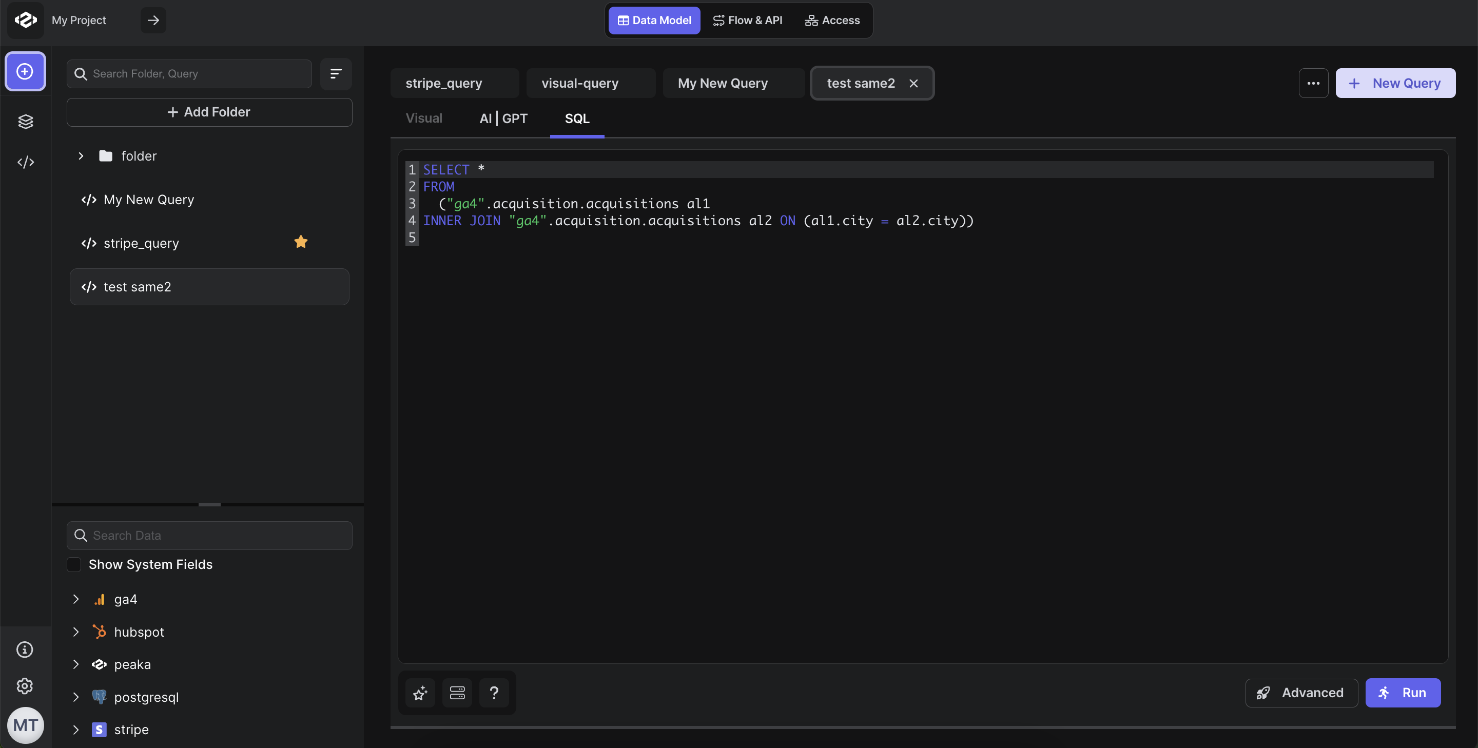 create peaka query modal