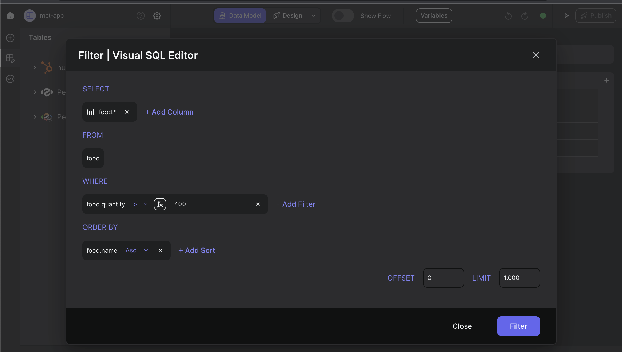 filtering food data with visual sql editor