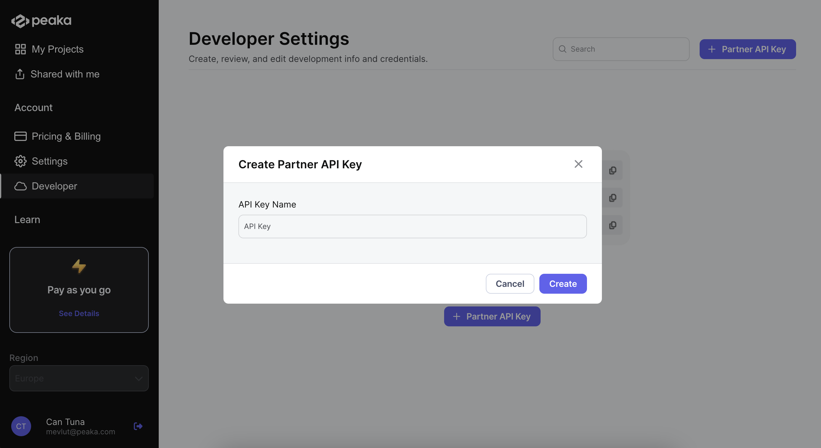 create partner api key dialog