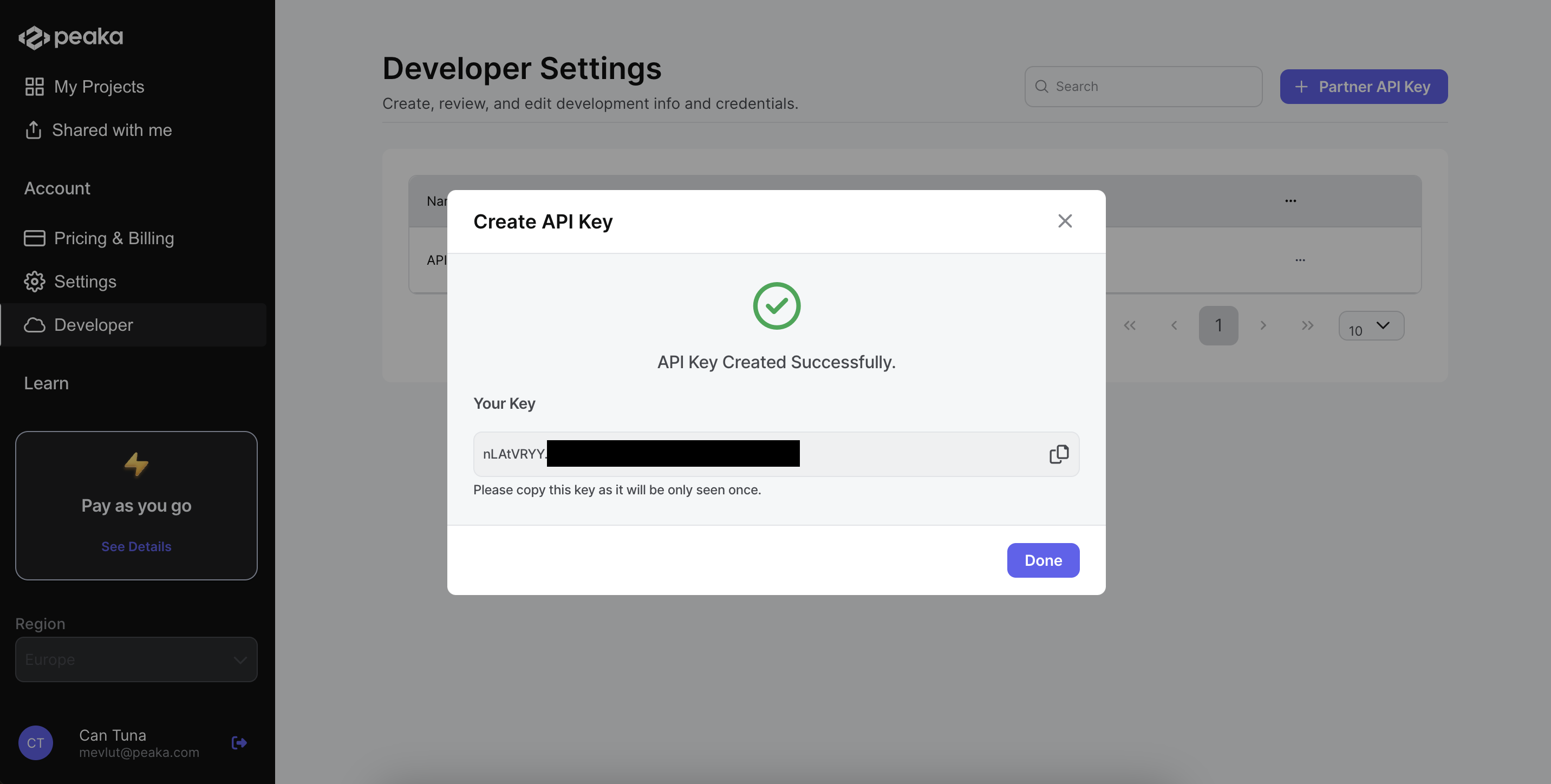 created partner api key dialog