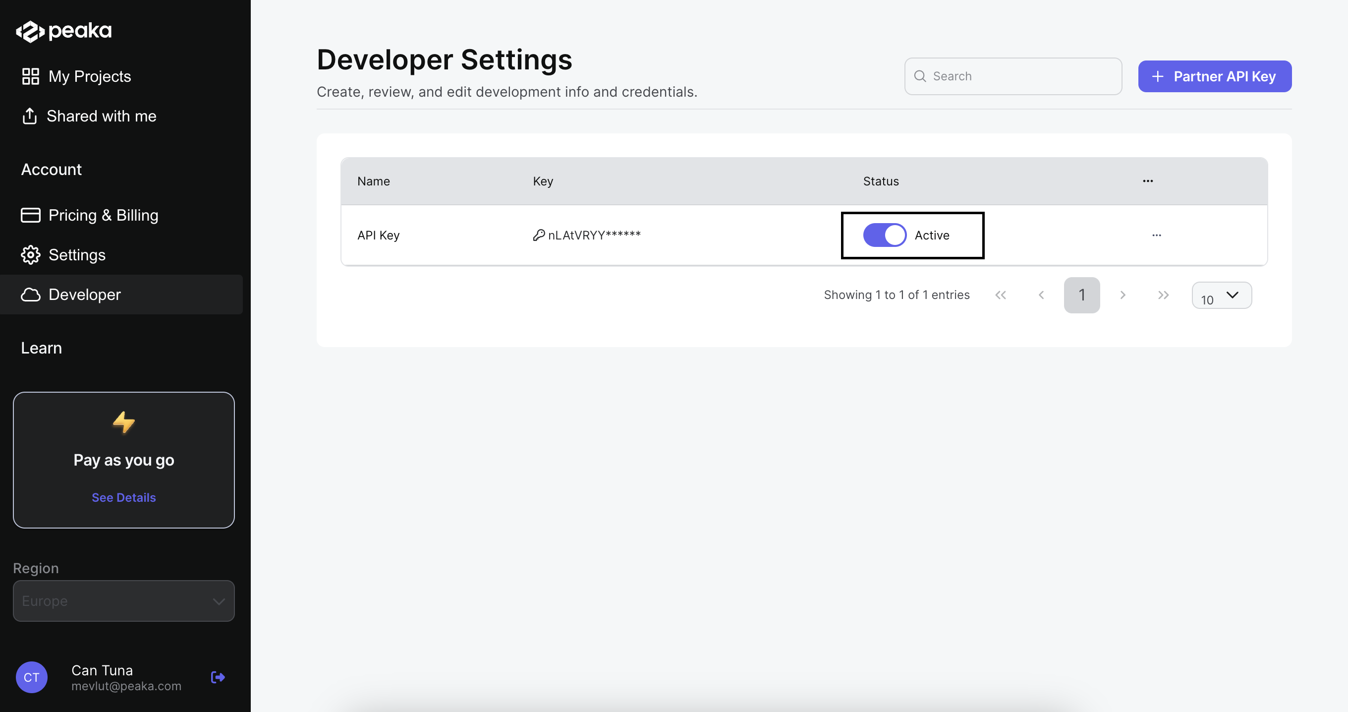 update status of partner api key