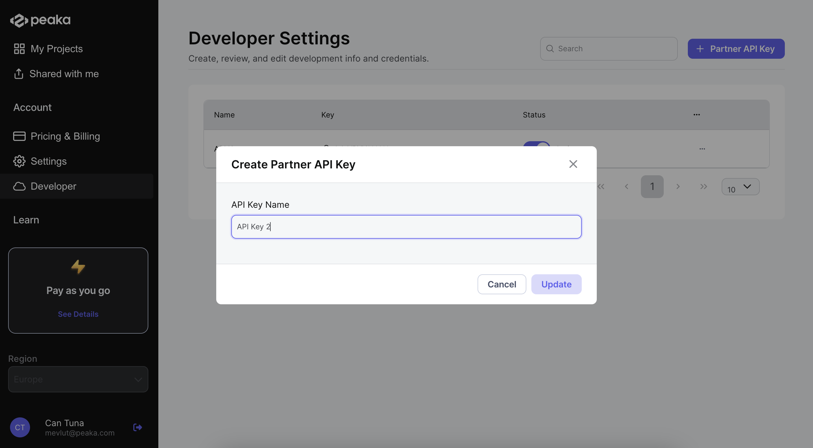 edit partner api key dialog