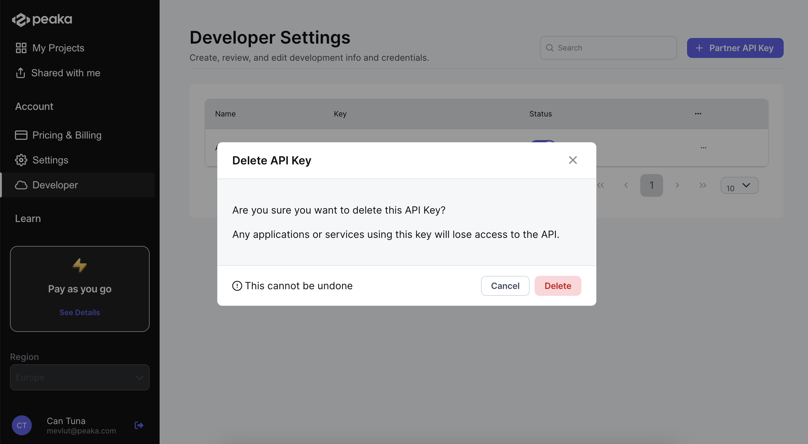 delete partner api key dialog