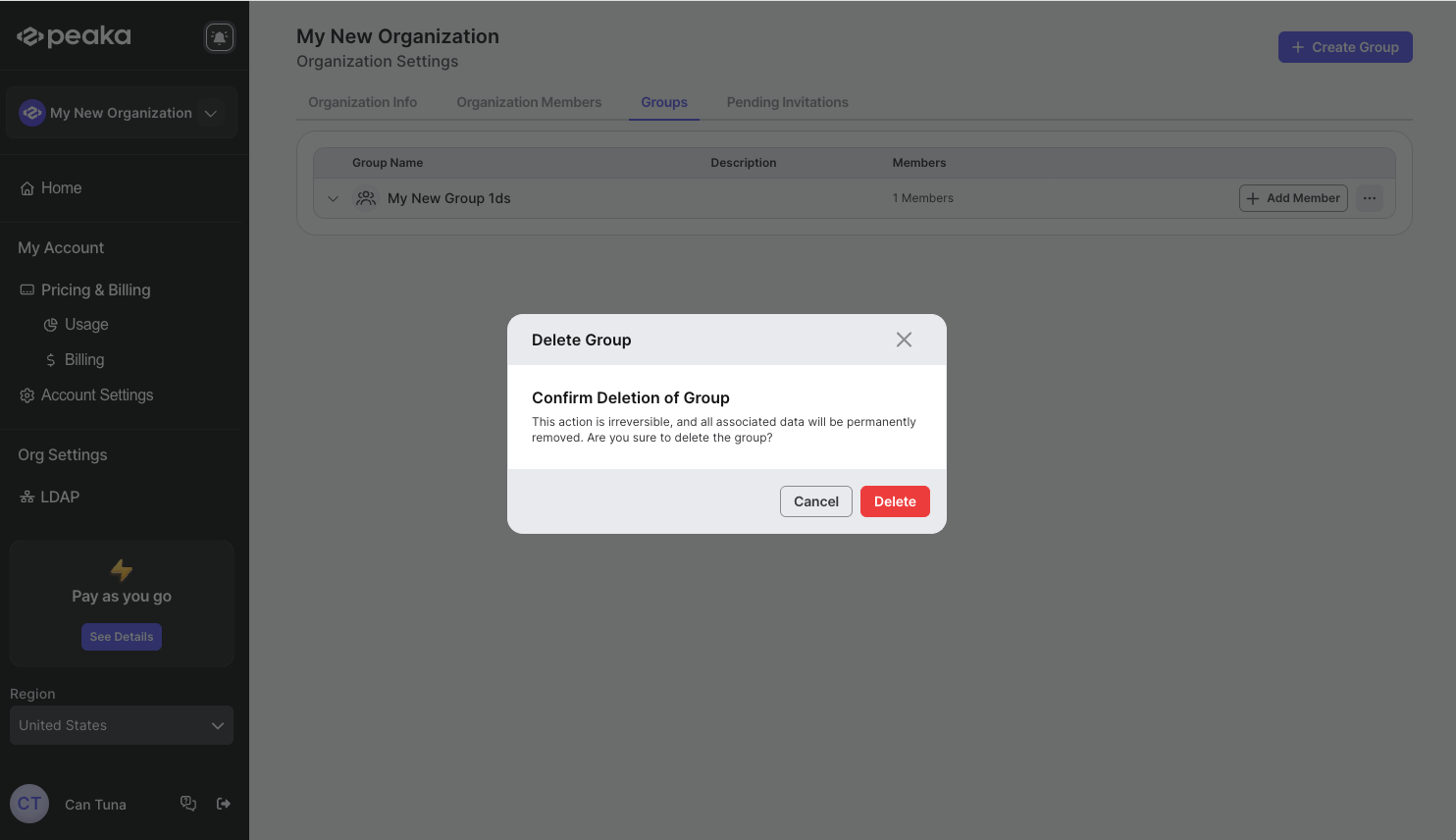delete group in confirmation modal