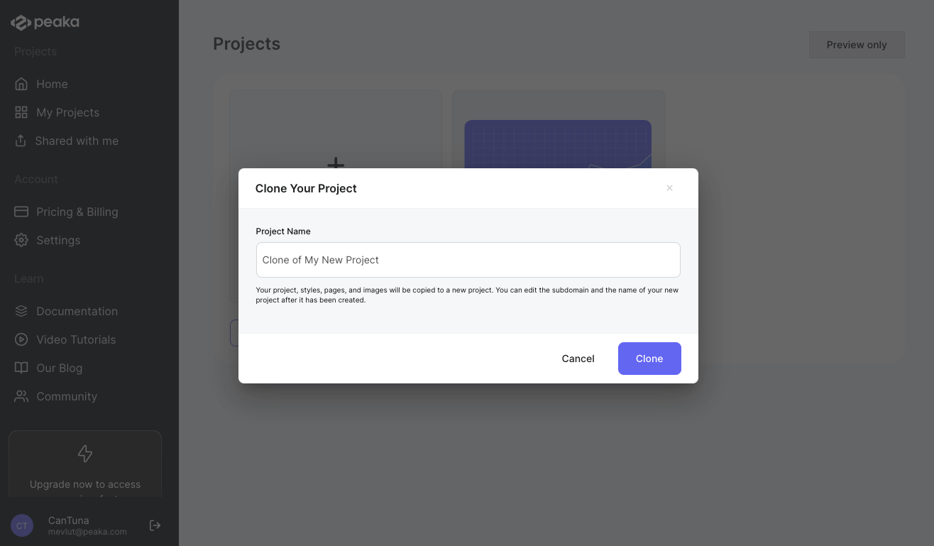 clone project modal view